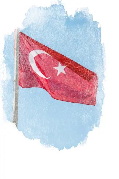 stock image Turkish flag waving in blue sky