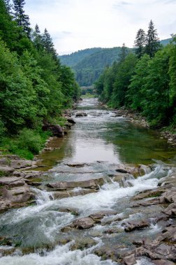 Taşlar ve küçük şelaleli dağ nehri, bulanık arkaplan