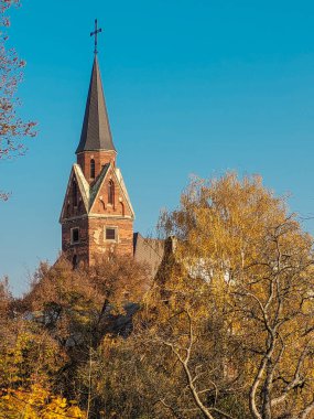 Mavi gökyüzüne ve sarı sonbahar yapraklarına karşı kilise.