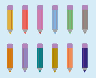 Farklı renklerde bir kalem seti. Okula dönelim. Çok renkli kalemler var. Vektör illüstrasyonu