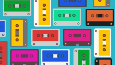 Müzik kasetlerinin arka planı. Klasik müzik kasetleri. Vektör illüstrasyonu