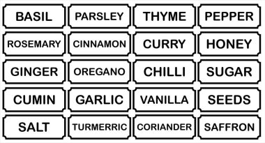 Konteynır ya da kavanozlardaki baharatlar için yazıtlar. Baharatlar için bir yazı seti. Mutfak için organizatör. Vektör illüstrasyonu