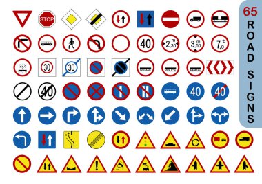 Ortak yol simgesi seti, düz tasarım, güvenli ulaşım. 65 yol işareti. Trafik kuralları.