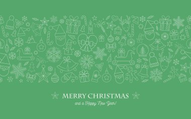 Kardan adam, Noel ağacı, hediye, zil, yıldız, Noel Baba. Mutlu yıllar ve mutlu Noeller. Vektör illüstrasyonu