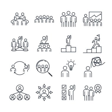 Atölye ve takım çalışması ince çizgi simgeleri ayarlandı. Takım çalışması, işbirliği, ortaklık, liderlik simgeleri. Vektör çizimi. Vektör illüstrasyonu