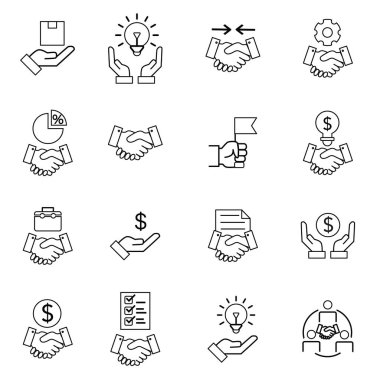 16 Icons işbirliği, ortaklık, anlaşma. Tokalaşma ikonları. Vektör illüstrasyonu.