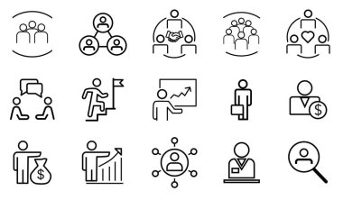 Atölye ve takım çalışması ince çizgi simgeleri ayarlandı. Takım çalışması, işbirliği, ortaklık simgeleri. Vektör çizimi. Her çalışanın önemi.