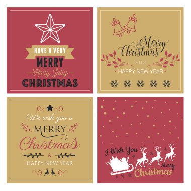 4 tane Noel kartı. Mutlu Noeller ve mutlu yıllar. Vektör illüstrasyonu