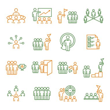 Atölye ve takım çalışması ince çizgi simgeleri ayarlandı. Takım çalışması, işbirliği, ortaklık, liderlik simgeleri. Vektör illüstrasyonu