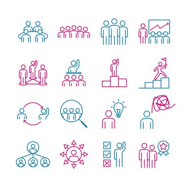 Atölye ve takım çalışması ince çizgi simgeleri ayarlandı. Takım çalışması, işbirliği, ortaklık, liderlik simgeleri. Vektör illüstrasyonu.