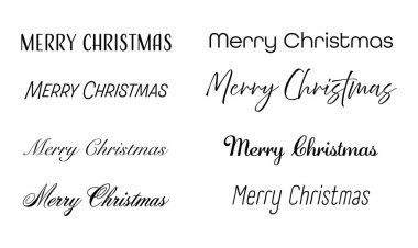 Kaligrafi yazıları. Mutlu Noeller. 8 çeşit yazı var. Vektör illüstrasyonu