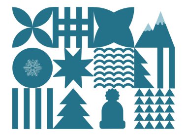 Soyut geometrik şekiller. Vahşi modern figür, yıldız, ağaç, şapka, kar tanesi ve diğer ilkel elementler. İsviçreli tasarım estetiği. Yeni yıl ve Noel tasarımı. Vektör illüstrasyonu