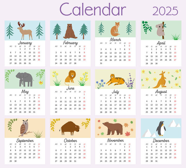 2025 calendar template. Monthly calendar 2025 for kids with cute animals, 12 months vertical template. Modern calendar for kids room, children play area, organizer, planner. Vector illustration