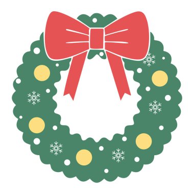 Noel çelengi dekorlu, kar taneli, kırmızı fiyonklu. Noel ağacı süslemesi. Şenlikli kış aralığı. Vektör dosyasında şeffaf arkaplan. Vektör illüstrasyonu