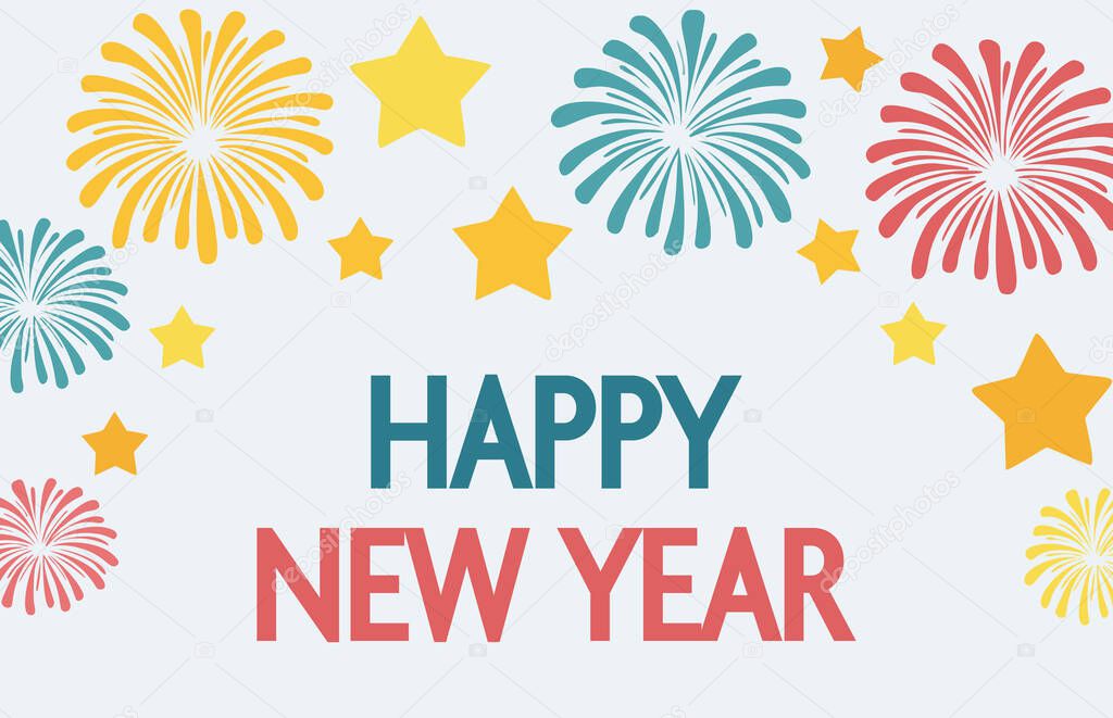 Fireworks and lettering Happy New Year. Composition with inscriptions, stars and fireworks. Vector illustration. Festive decorative elements. Congratulations. Vector illustration