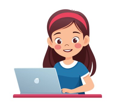 Dizüstü bilgisayarda oturan kız. Evden çalışıyorum. Ev ofisinde dizüstü bilgisayarla çalışan bir kadın. Serbest çalışan yaşam tarzı konsepti. İnternette ders çalışan bir kız. Vektör illüstrasyonu