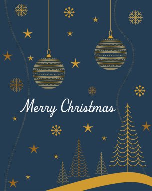 Mutlu noeller. Tebrik kartı, kar taneli tatil örtüsü, köknar ağaçları, yıldızlar, Noel ağacı oyuncakları. Kartpostal, sınır çerçevesi, dekor. Vektör illüstrasyonu.