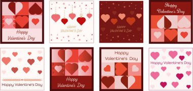 Sekiz Sevgililer Günü kartı. Kalpli modern soyut tasarım. Reklam şablonları, afişler, kapaklar, etiketler, posterler, el ilanları. Vektör illüstrasyonu.