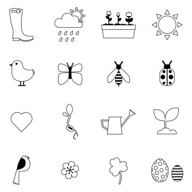 Siyah hatları olan bir dizi yay elementi simgesi. Merhaba bahar. Poster ve tebrik kartları için bahar çıkartmaları. Vektör illüstrasyonu.