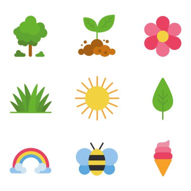 Tatlı bahar elementleri seti. Merhaba bahar. Poster ve tebrik kartları için ilkbahar çıkartmaları. El çizimi vektör illüstrasyonu.