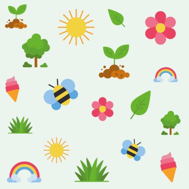 Yay simgelerinin, elementlerin, nesnelerin olduğu kusursuz desen. Kağıt, kumaş, tipografi için arka plan. Vektör illüstrasyonu