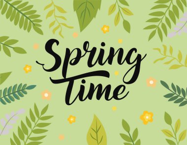 Yeşil arka planda yeşil dallar, botanik süsü. Kartpostal, geçmiş, model. Bahar yazıtları. Bahar zamanı. Vektör illüstrasyonu