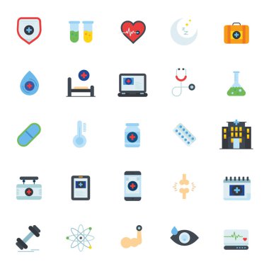 Tıbbi ikon seti. İçinde ilaç, hastane, tedavi, sağlık, ilaç, klinik ve daha fazlası var. Vektör simgesi koleksiyonu. Vektör illüstrasyonu