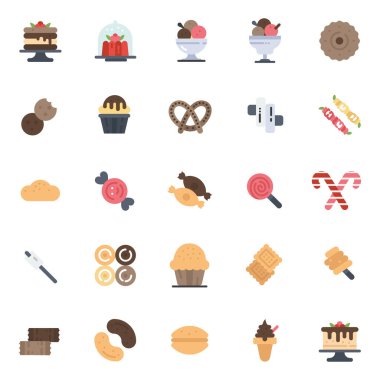 Renkli şeker ve şeker ikonları seti. Dondurma, kurabiye, kek, bisküvi, şeker, kek, pasta, lolipop. Vektör illüstrasyonu