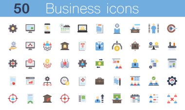 İş dünyasının ya da organizasyon yönetiminin 50 renk simgesi. Strateji, pazarlama, iş, planlama, eğitim, çalışan simgeleri, hedefler, başarılar, ayarlar, sunum içerir. Vektör