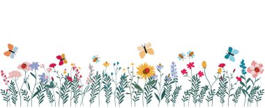 Bir sürü çiçekli renkli çiçek deseni, çimenler, uğur böcekleri, kelebekler ve arılar. Çiçekler en altta sıraya dizilir. Vektör illüstrasyonu