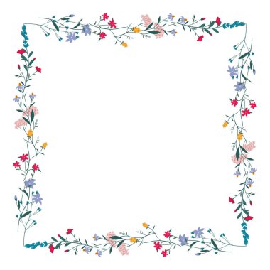Kare çiçek çerçevesi, çelenk. Çiçek tasarım şablonu. Hassas bir düğün bayramının romantik bayrağı. Fabrika dekoratif bir botanik sınırıdır. Bitki dekoru. Vektör illüstrasyonu