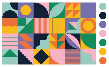 Soyut geometrik şekiller. Vahşi modern figür, daireler, dikdörtgenler, taç yaprakları, yarı daireler ve diğer ilkel elementler. İsviçreli tasarım estetiği. Vektör illüstrasyonu