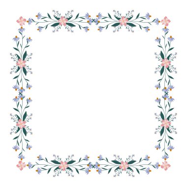 Kare çiçek çerçevesi, çelenk. Çiçek tasarım şablonu. Hassas bir düğün bayramının romantik bayrağı. Fabrika dekoratif bir botanik sınırıdır. Bitki dekoru. Vektör illüstrasyonu