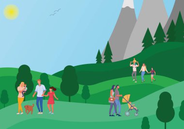 Doğada yürüyen aileler. Doğa parkı, yürüyüş sezonu, eğlence. Mutlu çocuklar ve ebeveynler bir köpekle birlikte yürüyorlar. Bebek arabasıyla yürüyen bir çift. Vektör illüstrasyonu