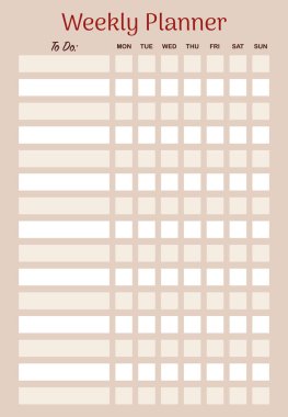 Minimalist haftalık planlayıcı şablonu liste ve günlük onay kutuları ile birlikte. Kahverengi arkaplan ve temiz bir düzen. Görevleri düzenlemek, planlama ve kişisel verimlilik için mükemmel. Vektör