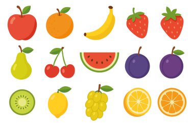  Düz stil, sıra sıra dizilmiş renkli meyveler. Beyaz arka planda basit sağlıklı yiyecek ikonları. Çıkartmalar, kumaş baskıları, ambalajlar ve çocuk tasarımı için mükemmel. Vektör