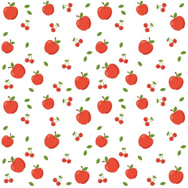 Kırmızı vişneli ve beyaz arka planda yeşil yapraklı pürüzsüz desen. Düz bir şekilde parlak meyve tasarımı. Duvar kağıdı ambalajı ve sağlıklı gıda projeleri için mükemmel. Vektör