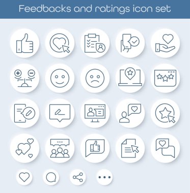 Değerlendirmeler, reytingler, referanslar ve müşteri geri bildirimleri için modern satır simgeleri kümesi. Destek, iletişim, memnuniyet ve hizmet kalitesini içerir. İş ve pazarlama projeleri için mükemmel.