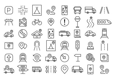 Yol trafik simgesi seti, park levhası, trafik ışığı, otobüs, konum, yol, tabela, kavşak, tren, araba, telefon, dur levhası, ev içerir. Farklı yerlerin işaretleri. Trafik kuralları. Vektör