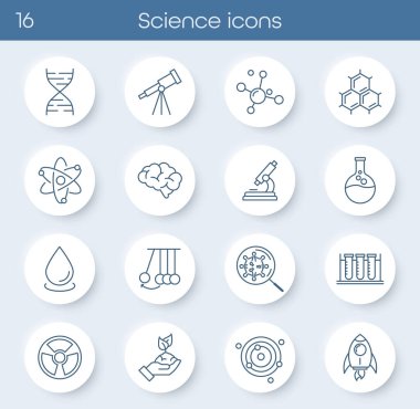 Bilim ve araştırmayla ilgili çizgi simgeleri. DNA, mikroskop, atom, beyin, laboratuvar araçları, moleküller, roket, virüs ve test tüpleri içerir. Eğitim, tıp ve teknoloji projeleri için mükemmel.