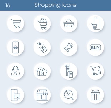 Alışveriş ve e-ticaret için hat simgesi oluşturuldu. Sepet, sepet, mağaza, fiyat etiketi, indirim, barkod, satın alma düğmesi, hediye ve makbuz dahil. Çevrimiçi mağaza, piyasa veya perakende tasarımı için mükemmel. Vektör