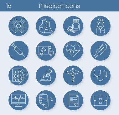 Şeffaf arkaplanda düz şekilli tıbbi simgeler. Hastane, doktor, sağlık, ilk yardım ve sağlık sembolleri dahil. Uygulamalar, web siteleri, bilgi grafikleri ve sunumlar için idealdir. Vektör illüstrasyonu