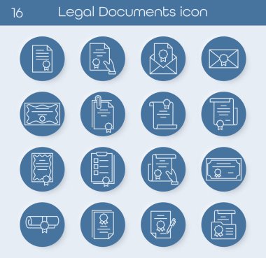 Satır biçiminde yasal belge simgeleri belirlendi. Kağıt, parşömen, pul ve resmi sembolleri içeriyor. Hukuk, ofis, hükümet, sözleşme, sertifika ve idari tasarımlarda kullanım için mükemmel. Vektör