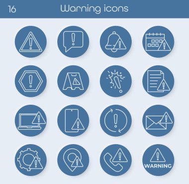 Uyarı satırı simgeleri. Uyarı, Ünlem, Uyarı İşareti, Dikkat, Tehlike, Hata gibi simgeler içerir. Vektör illüstrasyonu