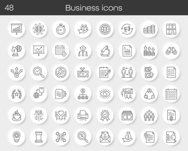 Grafikler, grafikler, para, takvim, belgeler, insanlar, strateji, iletişim, finans ve pazarlama ile iş simgeleri belirlendi. Şirket, ofis ve profesyonel tasarım projeleri için mükemmel. Vektör