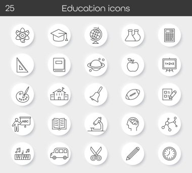 Eğitim simgeleri bilim, mezuniyet, dünya, kitaplar, okul, sanat, müzik, spor, öğrenme ve öğrenim sembolleri ile belirlendi. Akademik, öğretim ve eğitim tasarım projeleri için mükemmel. Vektör illüstrasyonu