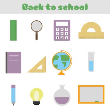 Kitap, küre, hesap makinesi, kalem, cetvel, ampul ve laboratuvar ekipmanlarıyla okul simgelerine dönüş. Eğitim, öğrenim, eğitim, sınıf ve okul projeleri için mükemmel. Vektör illüstrasyonu