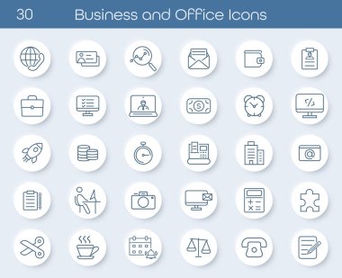 Satır simgeleri iş ve ofis gerekliliklerini gösteriyor. Çalışma alanı, belge, kahve, iletişim, hedefler, takım çalışması ve malzeme ikonları içerir. Sunumlar, uygulamalar ve web tasarımı için harika.