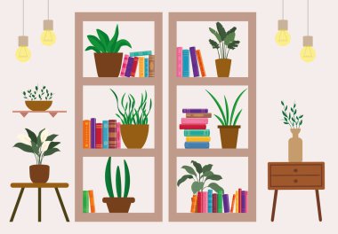 Kitaplık, kitaplar, bitkiler, masa, vazo ve lambalarla dolu rahat bir ev. Düz stil tasarım, tasarım, yaşam tarzı, okuma ve modern ev projeleri için mükemmel. Vektör illüstrasyonu