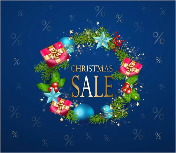 Illustration Des Weihnachtsmarktbanners Mit Blauem Hintergrund Und Weihnachtlichen Objekten — Stockfoto